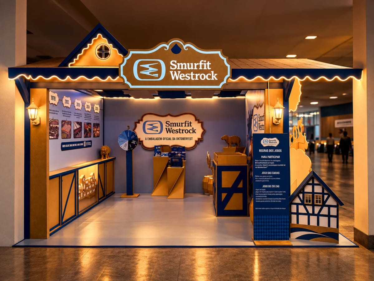 Estande da Smurfit Westrock na Oktoberfest Blumenau, em formato de casa alemã com letreiro iluminado, roleta e linha do tempo da marca